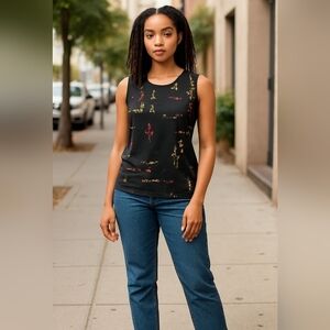 Frazier Lawrence Pretty Black Sleeveless top Floral Design L